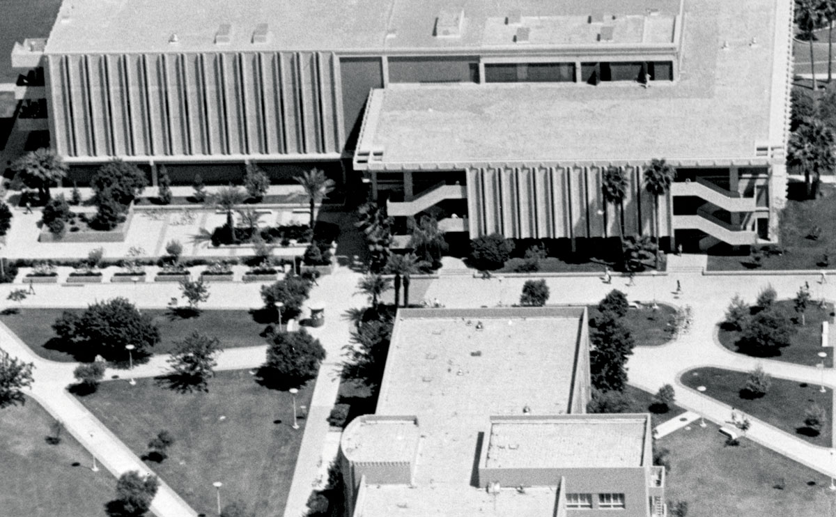 Aerial view of Business Administration building in black and white