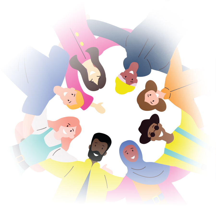 vector illustration of people huddle in a circle with colorful outfits