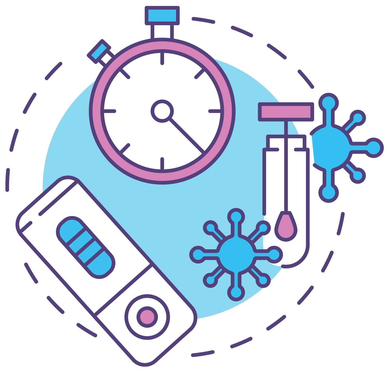simple illustrations of a timer, a testing swab and germs