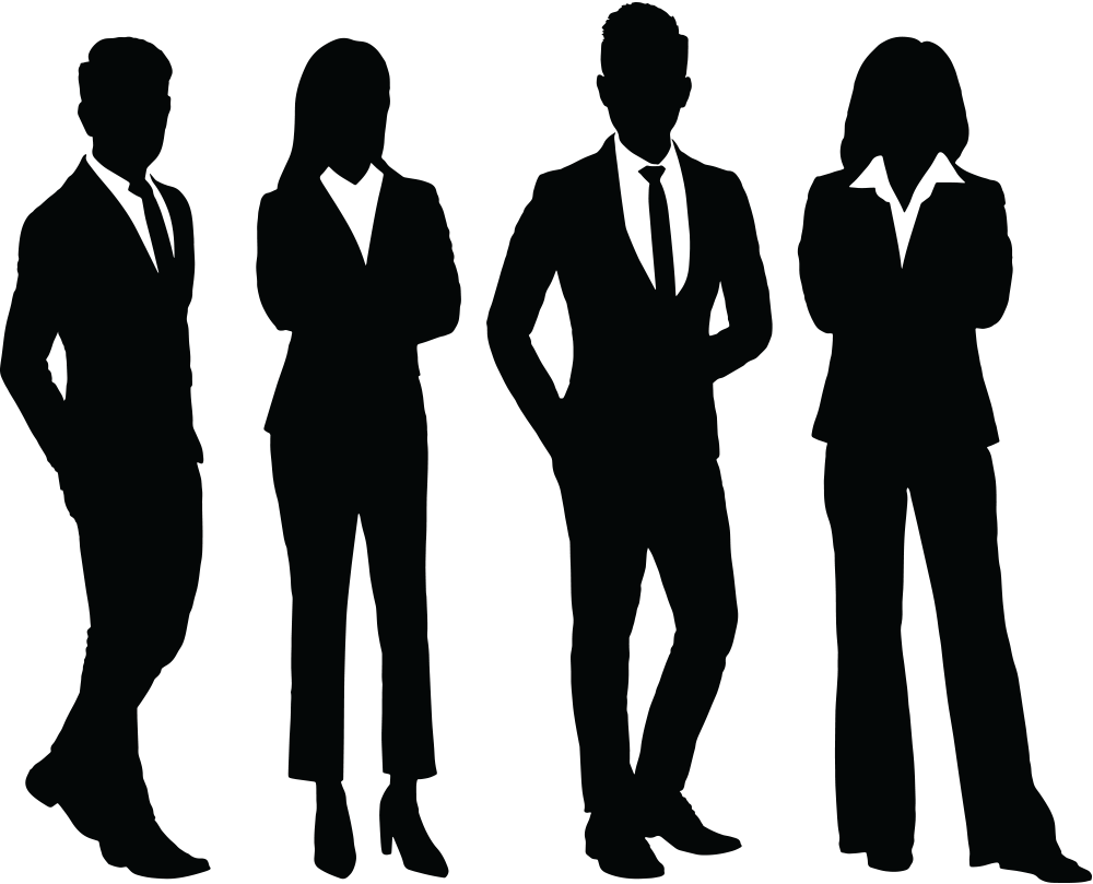 Silhouettes of men and women in suits