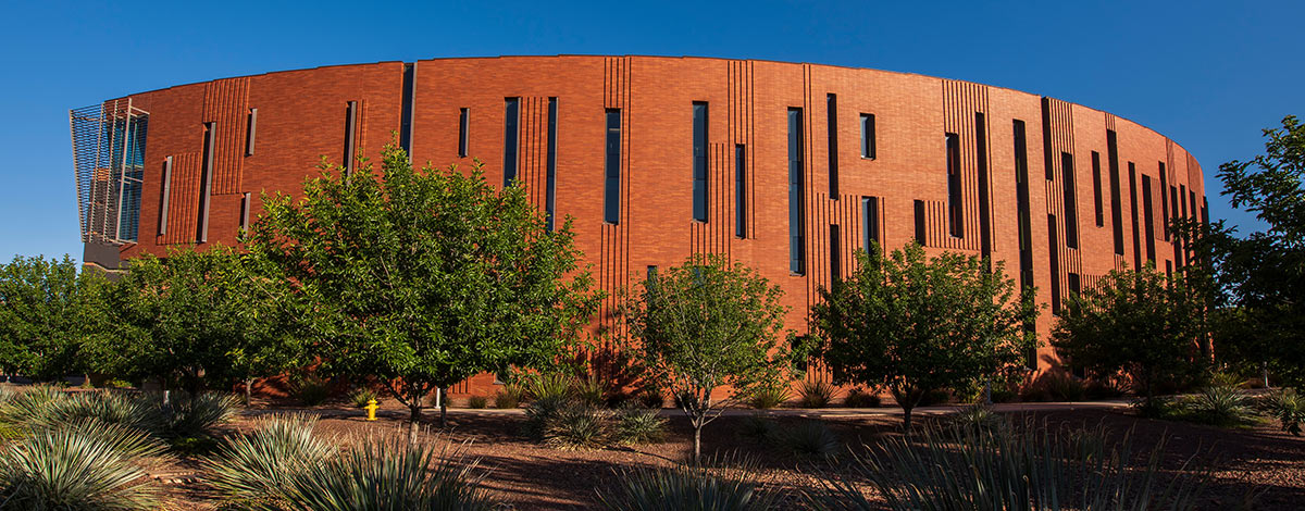 Landscape photograph of a ASU W.P. Carey School of Business building on the Tempe, Arizona campus during the day