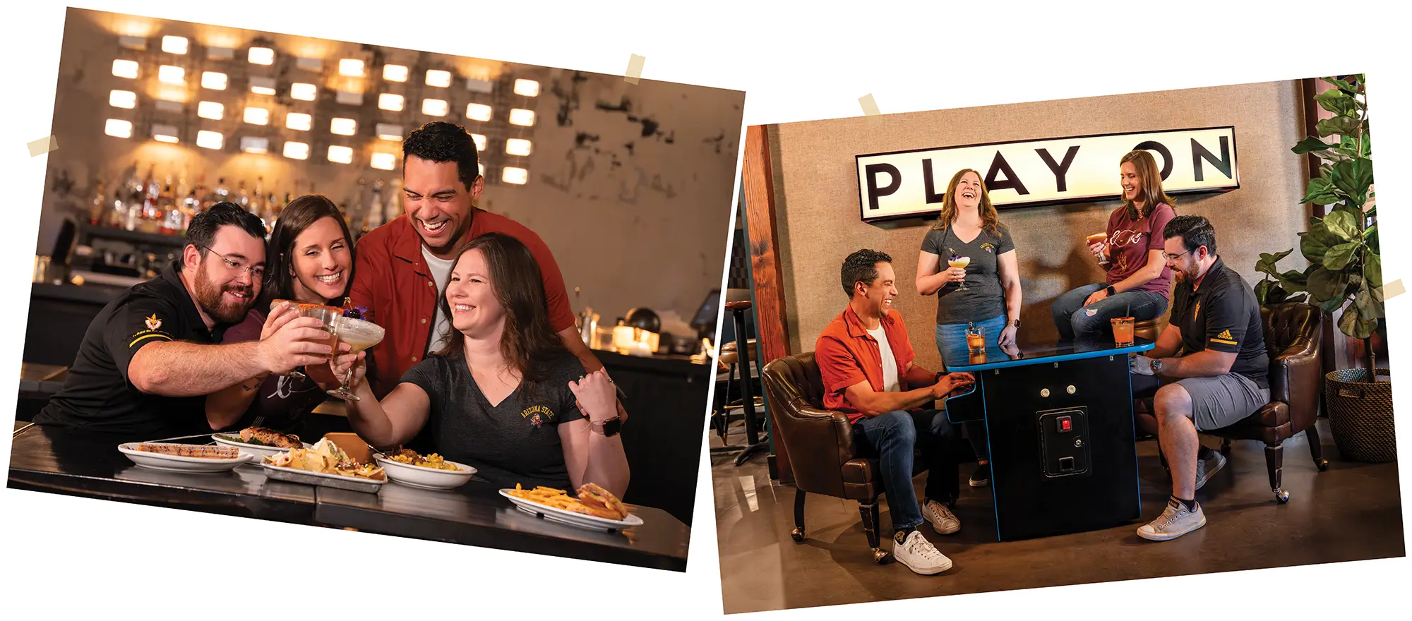 group of people having a toast above a table of food; group of people playing a tabletop arcade while having drinks and laughing