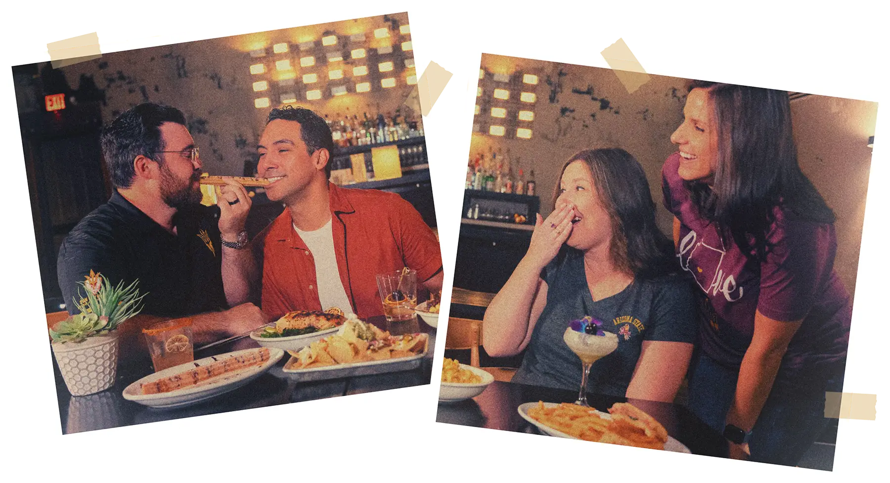 two men sharing a slice of pizza together and two of their female friends laughing with them