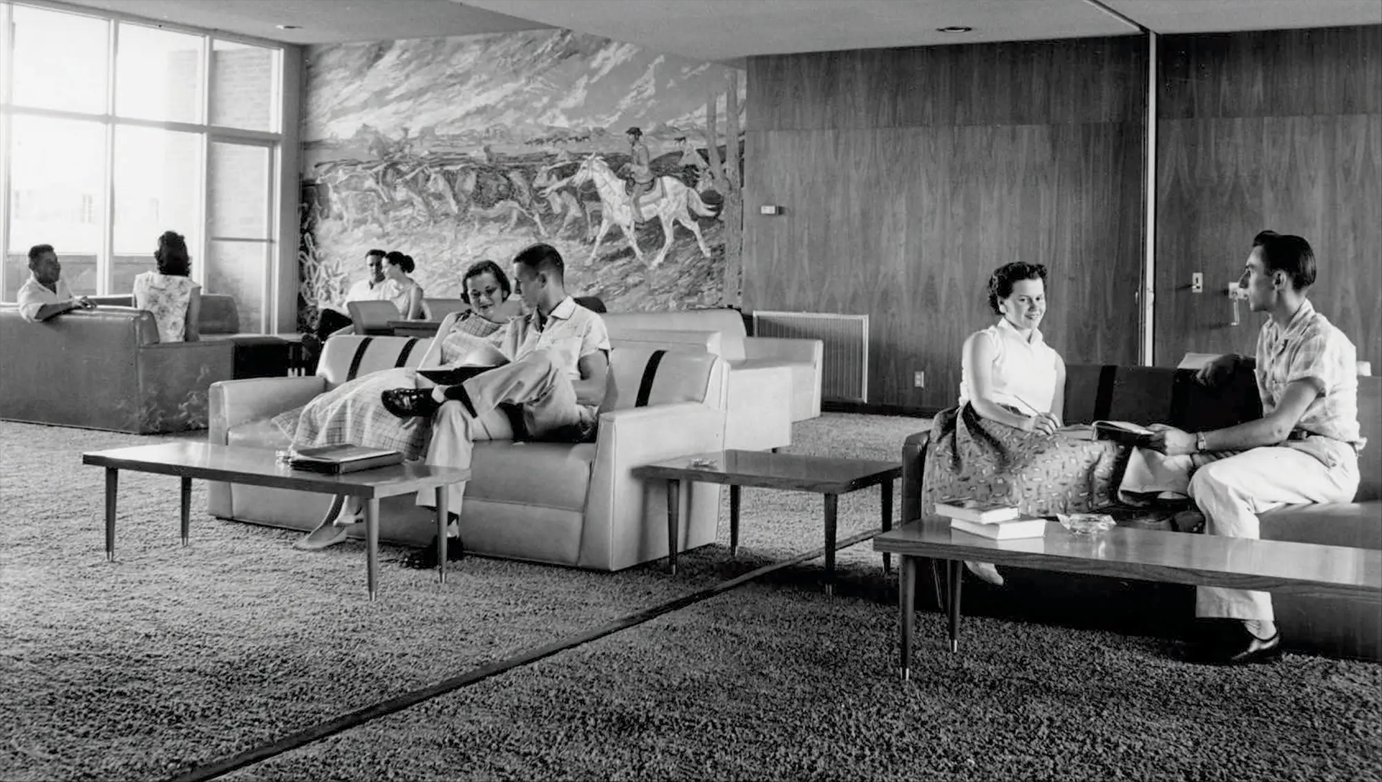 Vintage photo from 1950's of students in campus lounge