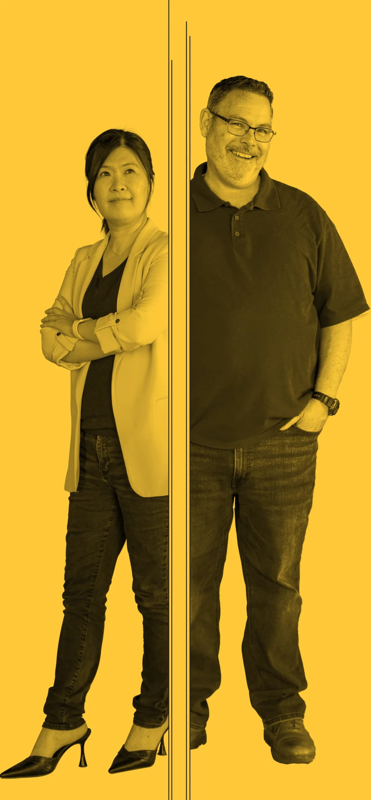 black lines dividing image of Pei-yu “Sharon” Chen and Dan Mazzola showing only 3/4 of their bodies with a yellow color overlay