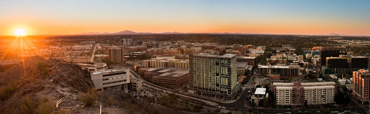 aerial view of ASU campus during sunset