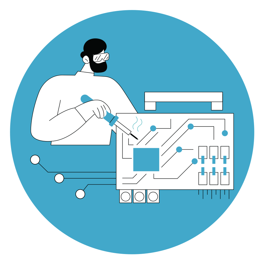 digital illustration of male figure working on microchip