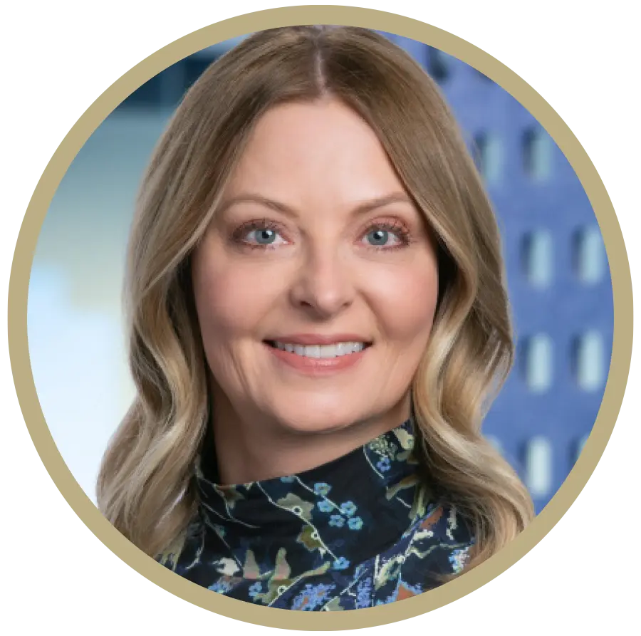 Beige color outer circular icon displaying a portrait photo headshot of Rhonda Turner Buseman smiling