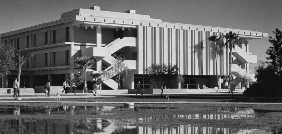 pond side view of Business Administration building staircase in October 1968