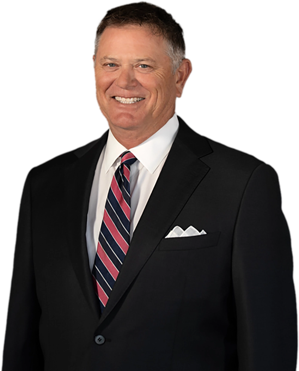 Smiling man in a black business suit and striped tie.