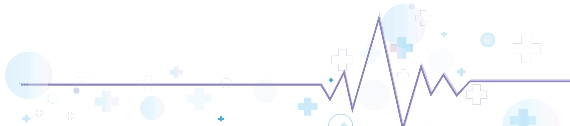Abstract graphic of a purple heart rate monitor EKG line and blue medical cross symbols on a white background
