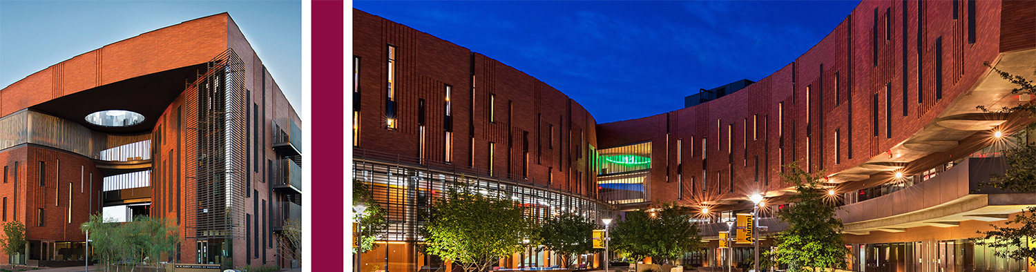 Exterior view of a modern brick university building during the day and lit up at night.