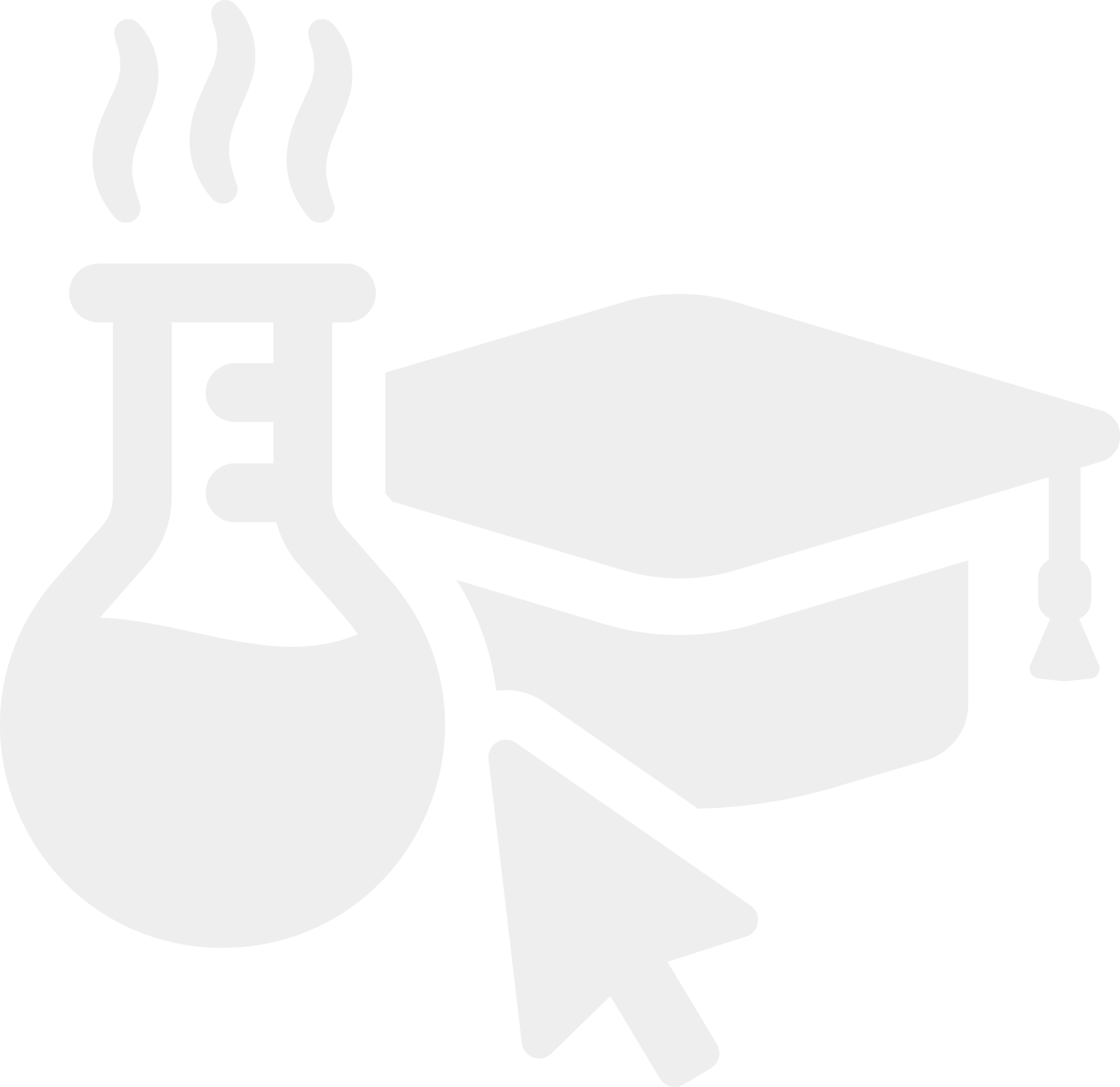 White graphic icon featuring a science beaker, graduation cap, and mouse cursor.