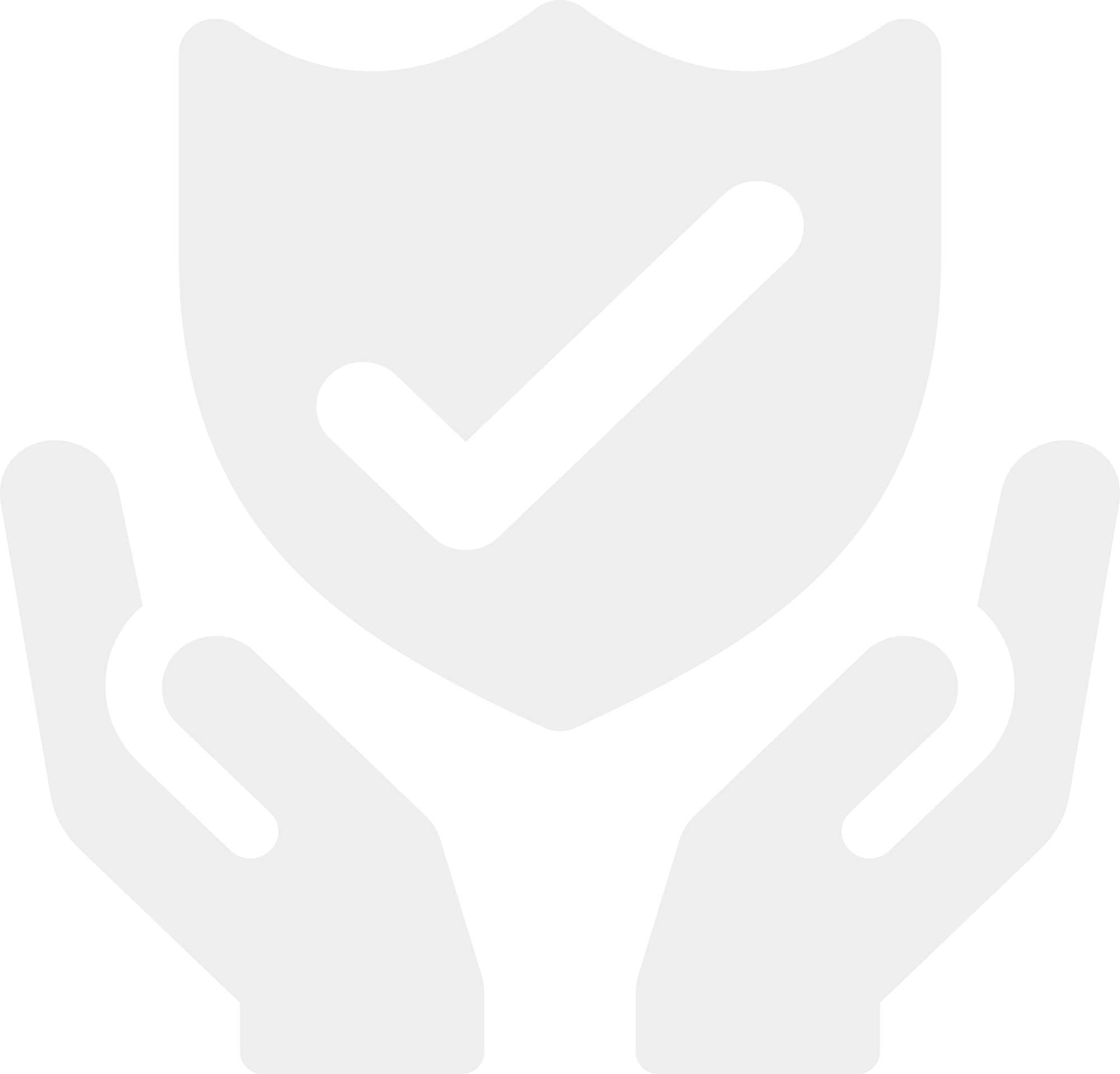 White graphic icon of two hands holding a shield with a checkmark.